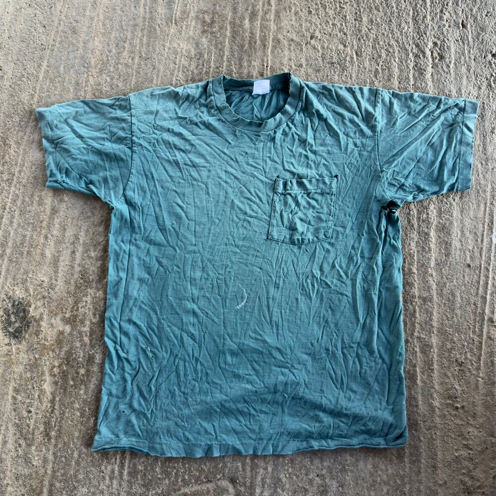 VINTAGE 90S BVD FADED GREEN POCKET T-SHIRT SINGLE STICH MENS XL SOME HOLES